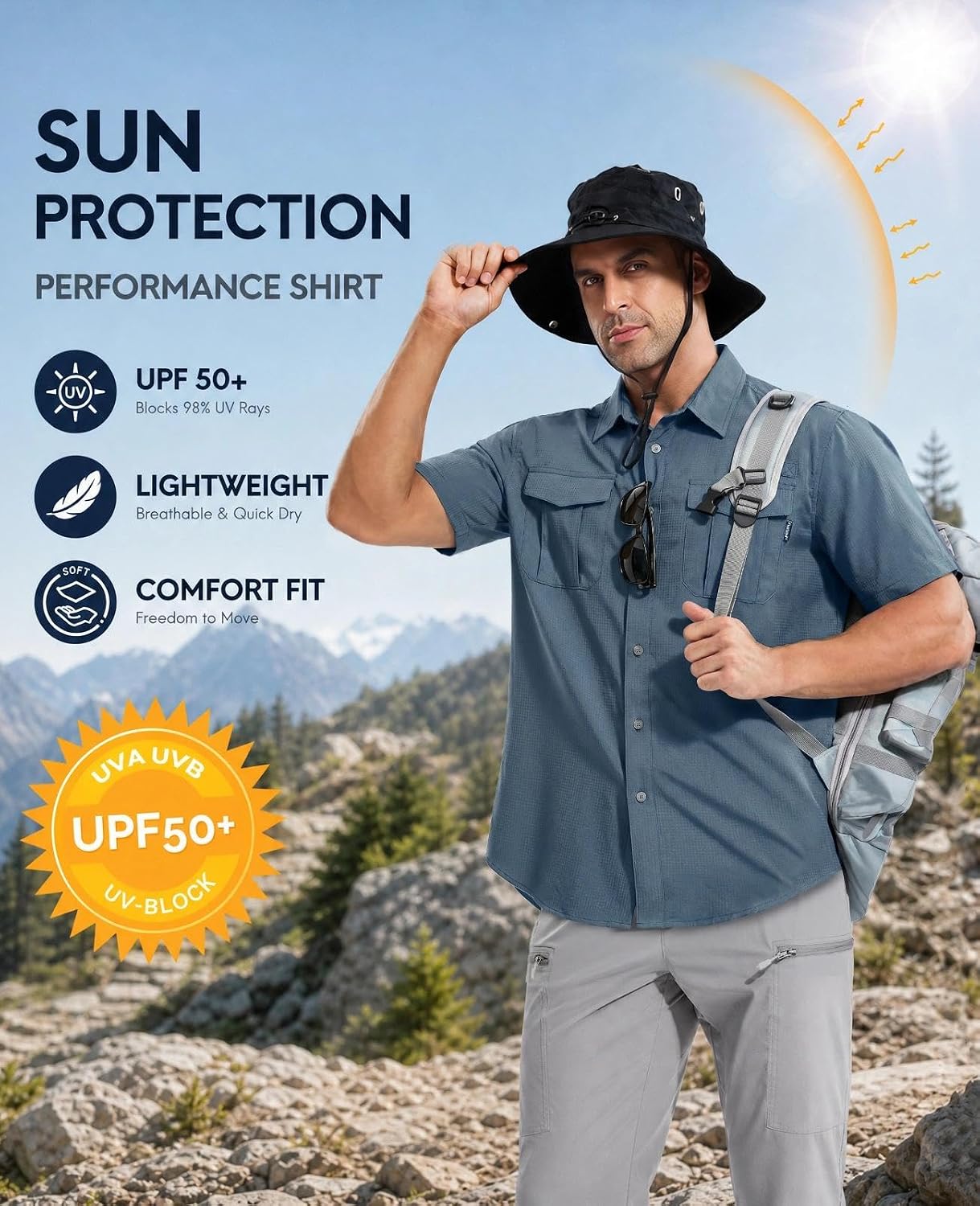 Haimont Men's UPF 50+ Short Sleeve Hiking Button Down Shirt | Quick-Dry Stretch, Mesh Back Vents, Rod Holder & Sunglasses Loops, Outdoor & Travel