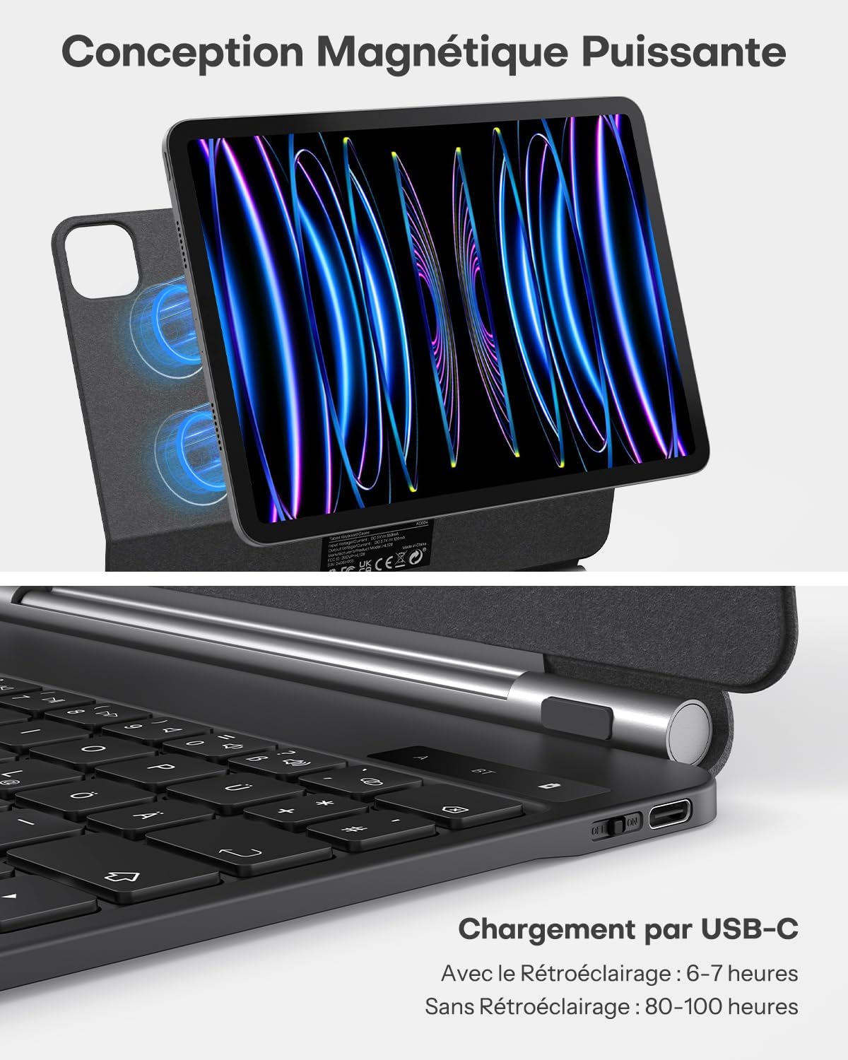iPad magnetically attached to the OMOTON Magic Keyboard case, showing the strong magnetic connection.