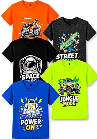T2F Boys Cotton Regular fit T-Shirts Pack of 5 |Soft Cotton Breathable Fabric | Half Sleeve Round Neck | Casual Wear Combo | Kids Clothing
