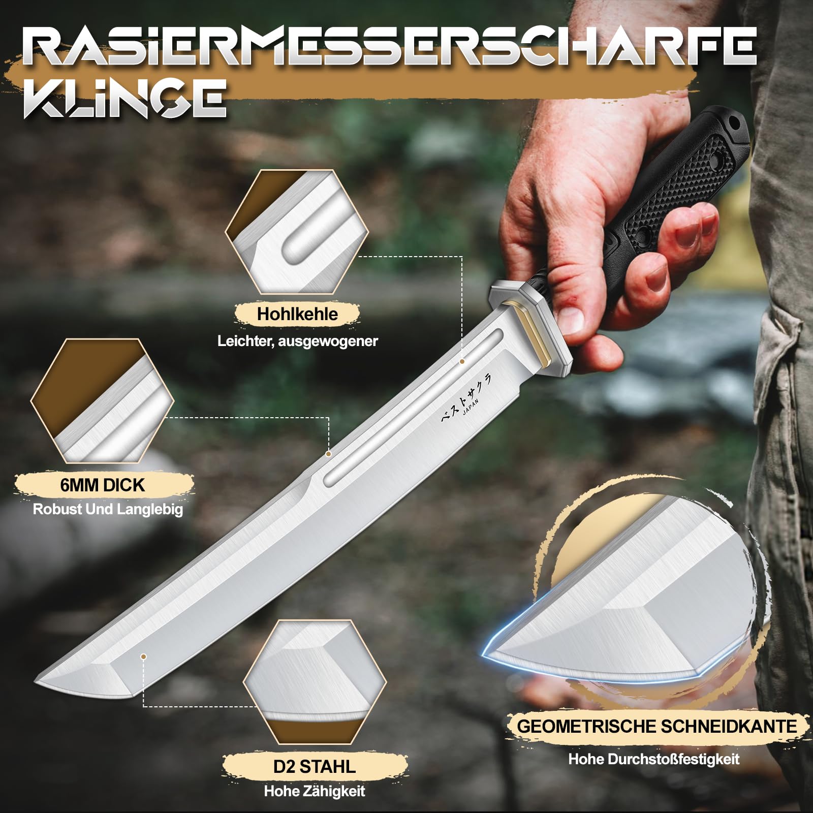 Purple Dragon Tanto Messer Japan - Messer Outdoor mit G10 Griff - D2 Stahl | 6mm Klingenrücken, Hohlkehle, G10 Griff, Aus einem Stück D2 Stahl handgeschmiedet, Geschenk für Männer,Messer Bushcraft