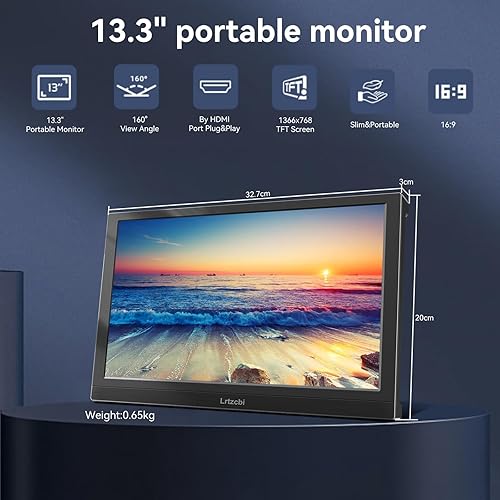 Miniatura 2 de Monitor VGA portátil de 13.3 pulgadas, HD 1366 x 768P, pantalla TFT HDMI VGA, portátil, pantalla externa para juegos con altavoces y soporte,