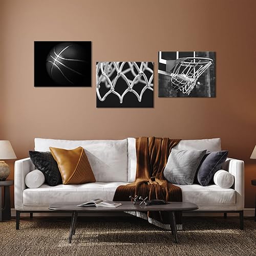 Miniatura 3 de OuElegent 3 paneles de lienzo de baloncesto en blanco y negro para pared, diseño de aro de baloncesto, redes de baloncesto, impresiones artísticas