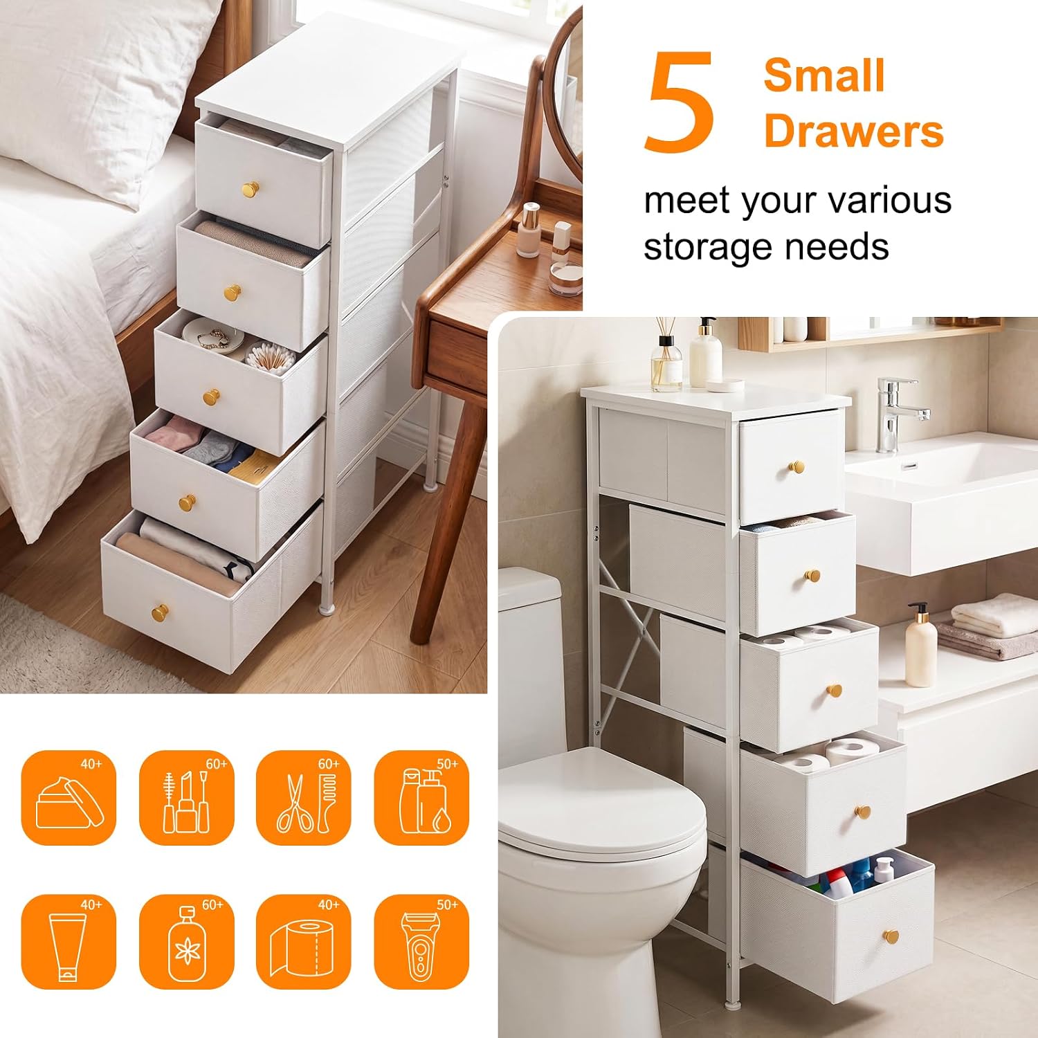 Fixwal Narrow Storage Cabinet, Narrow Nightstand Dresser with 5 Drawers, Slim Fabric Dresser Storage Tower for Small Spaces, White Dresser, for Bedroom, Bathroom, Laundry, Closet