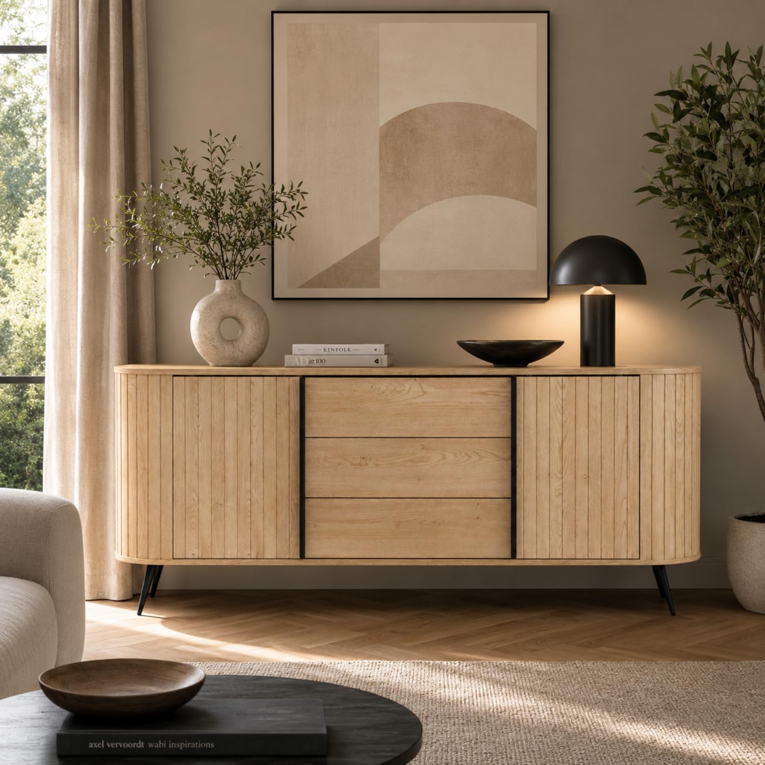 Arreditaly Credenza Moderna Scandinava Con 2 Ante 3 Cassetti E Ripiani Interni Piedi In Metallo Nero Mobile Contenitore Per Soggiorno Sala Da Pranzo 196 X 40.2 X 81.8 Cm Rovere
