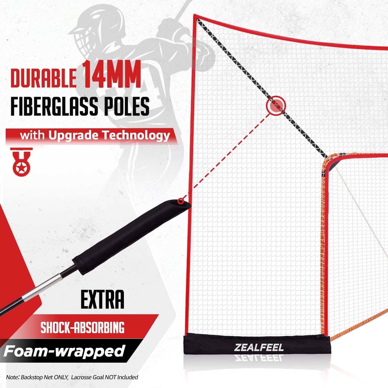 Lacrosse Backstop Net 14x10FT, Extra Large Coverage with 14mm Foam-Wrapped Fiberglass Pole for Shooting Training, 4-Strand Tear-Resistant Netting, Sandbag & Stakes(Lacrosse Goal NOT Included)