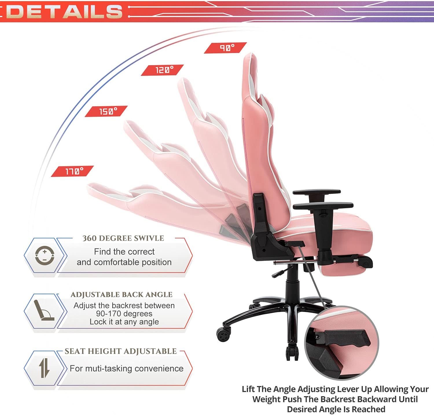Flash Deals - 80% OFF STARSPACE Ergonomic Computer Gaming Chair, Massage Lumbar Support Pullout Footrest Reclining Swivel Base High-Back Racing PC Office Desk Chair, Pink