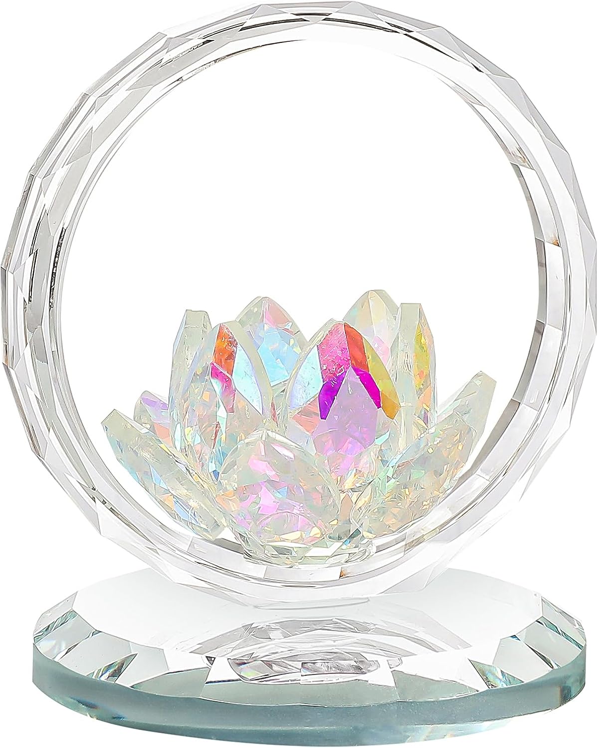 LONGWIN Crystal Lotus Flower Basket Figurine Collectible Glass Flowers Art Decor Reflection Feng Shui Decorative Ornaments for Living Room Bedroom Office AB - Coated