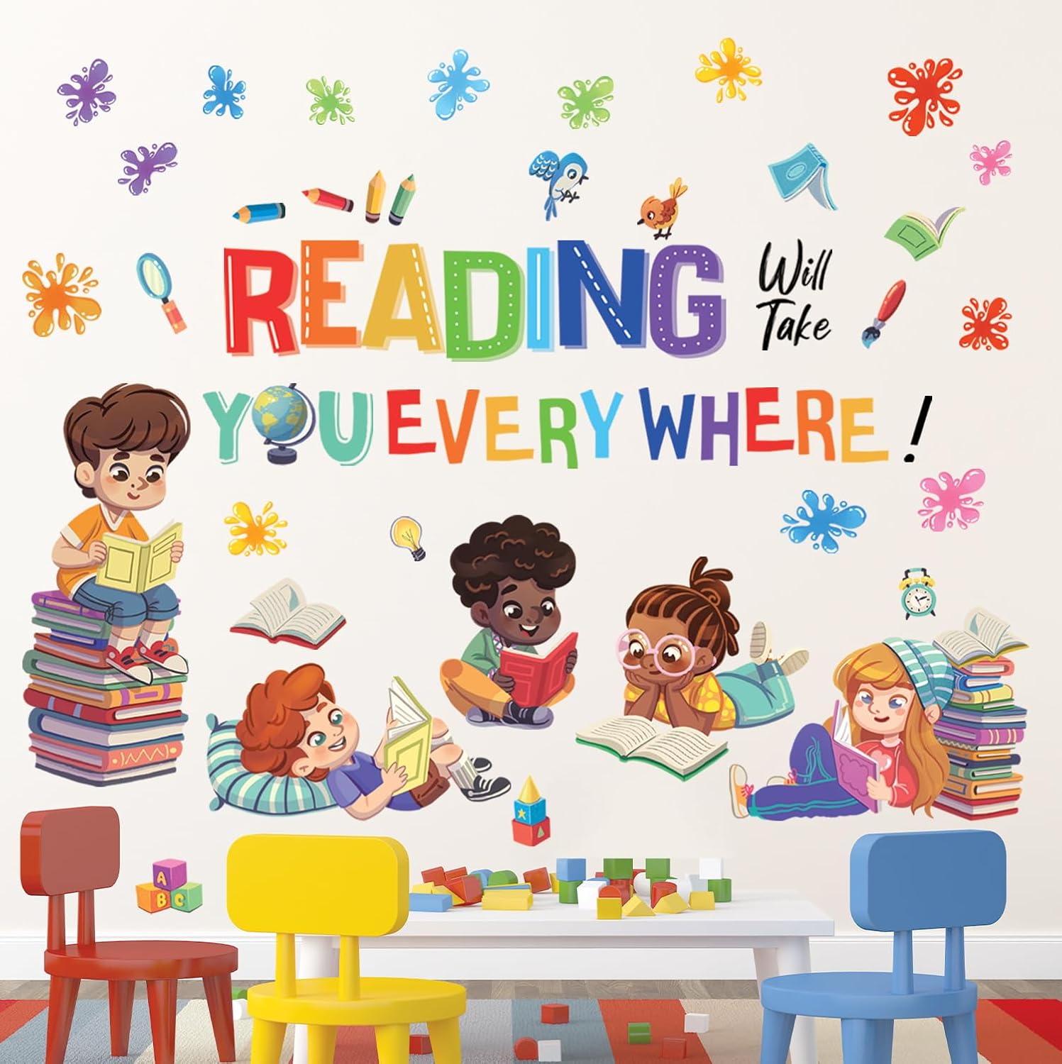 DECOWALL SG2-2404 Kids Reading Corner Wall Stickers Decals Reading Room ABC Décor Classroom Playroom Library Nursery Peel and Stick Removable Baby Boys Girls Decorations School Inspirational