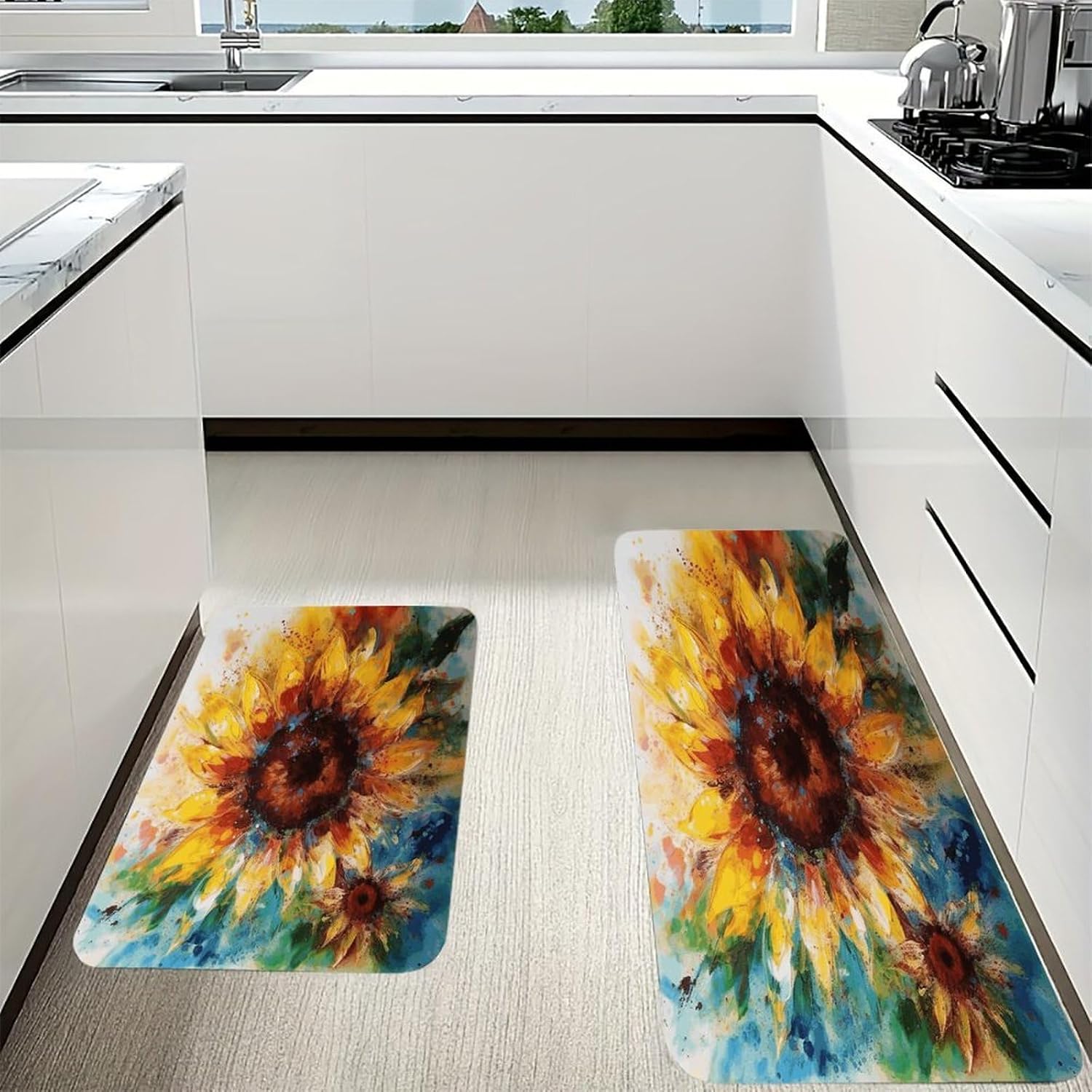 Abstract Sunflower Multicolor Kitchen Mat Kitchen Rug Set | Kitchen Rugs Flannel Velvety Washable breathable Water Absorbent Soft ，kitchen utensils for Kitchen, Floor,Laundry