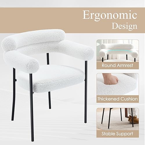 Miniatura 4 de JIRAIN Mid-Century Modern Boucle - Juego de 2 sillas de comedor tapizadas de barril con respaldo redondo, sillones de sherpa blancos para cocina y
