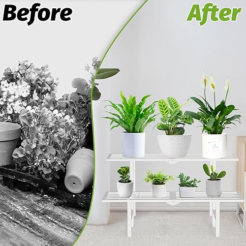 Miniatura 8 de Soporte de metal de 2 niveles para plantas para exteriores e interiores, estante plegable separado para plantas al aire libre, soporte de escalera