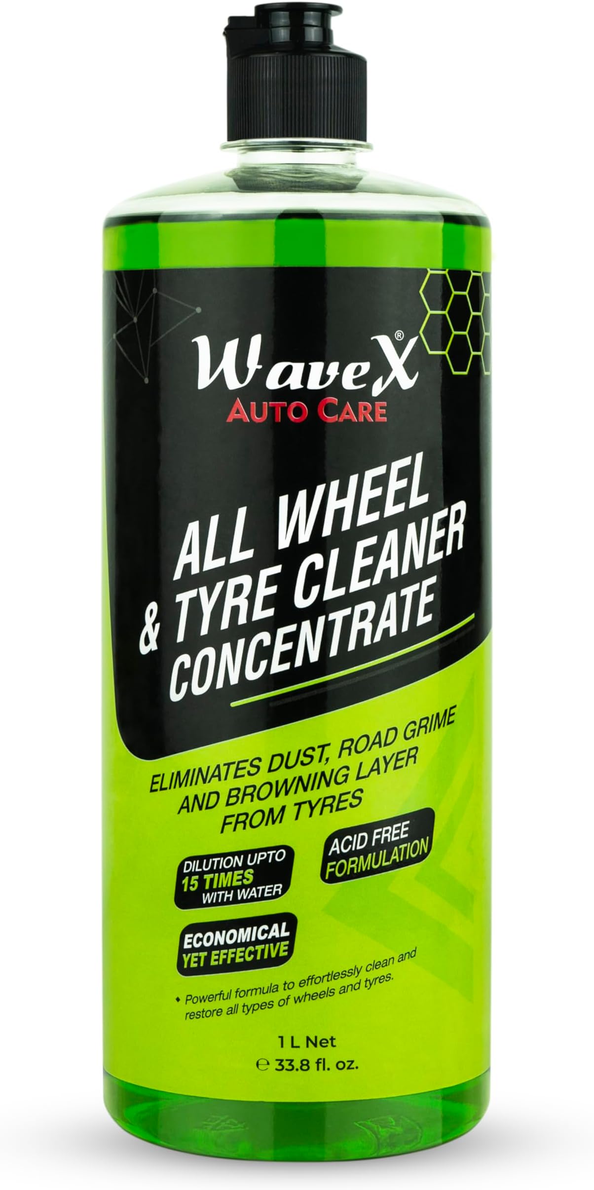 WaveX All Wheel and Tyre Cleaner for Car Concentrate (1L) | Dilutes 15 Times with Water | Acid Free Formulation - All Wheel Safe - Also Car Alloy Wheel Cleaner