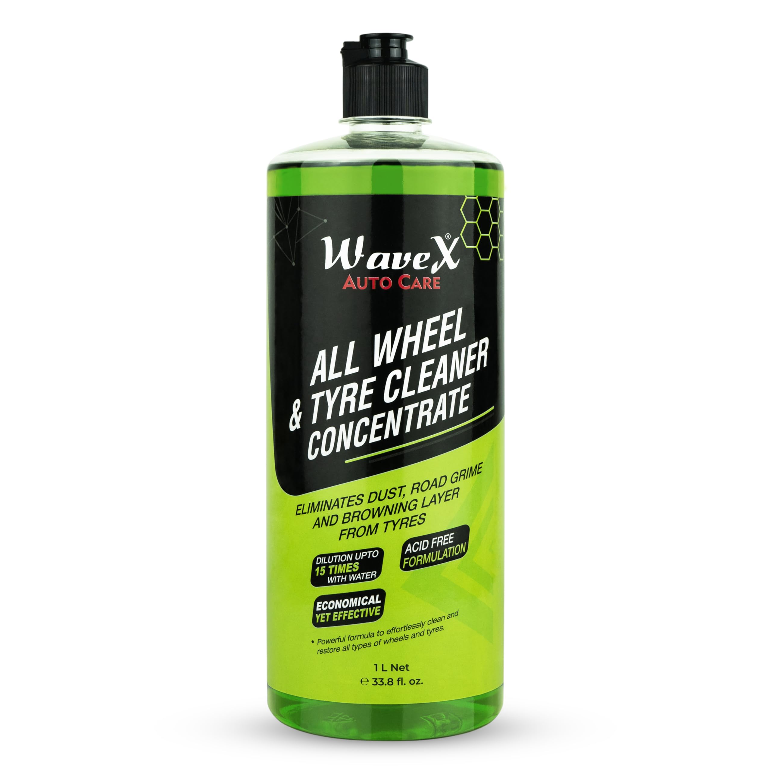 WaveX All Wheel and Tyre Cleaner for Car Concentrate (1L) | Dilutes 15 Times with Water | Acid Free Formulation - All Wheel Safe - Also Car Alloy Wheel Cleaner