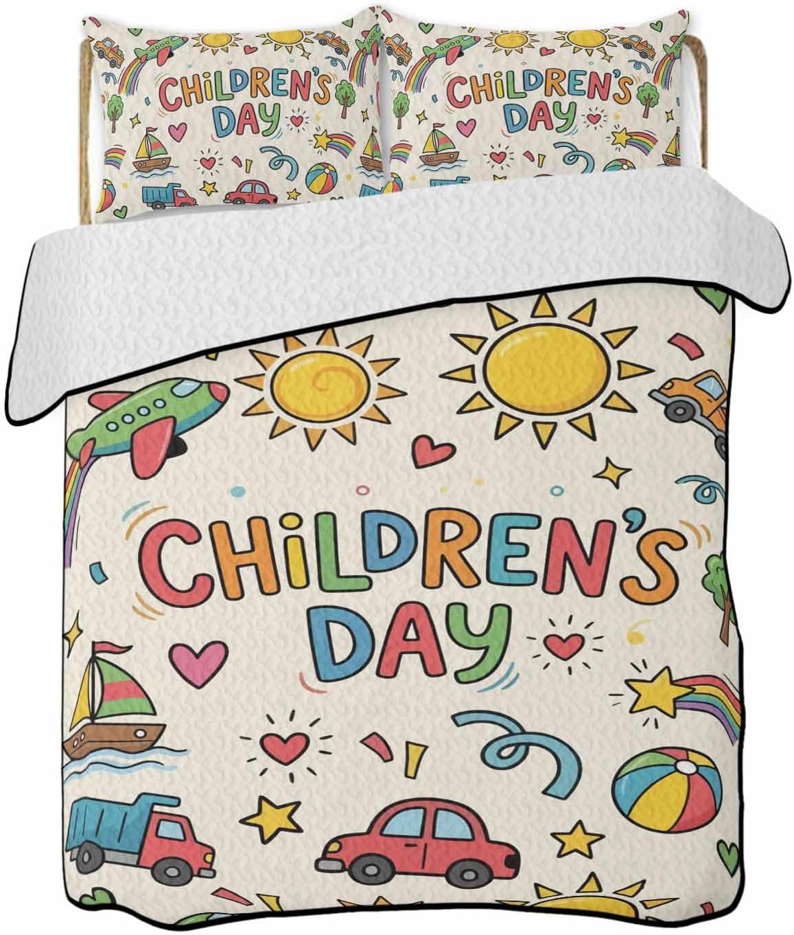 Twin Quilt Bedding Set, Colorful Children's Day Lightweight Summer Quilt 3 Pieces Bedding Sets, Car Tree Stars Modern Abstract Art Reversible Soft Bedspreads Coverlets with 2 Pillow Shams