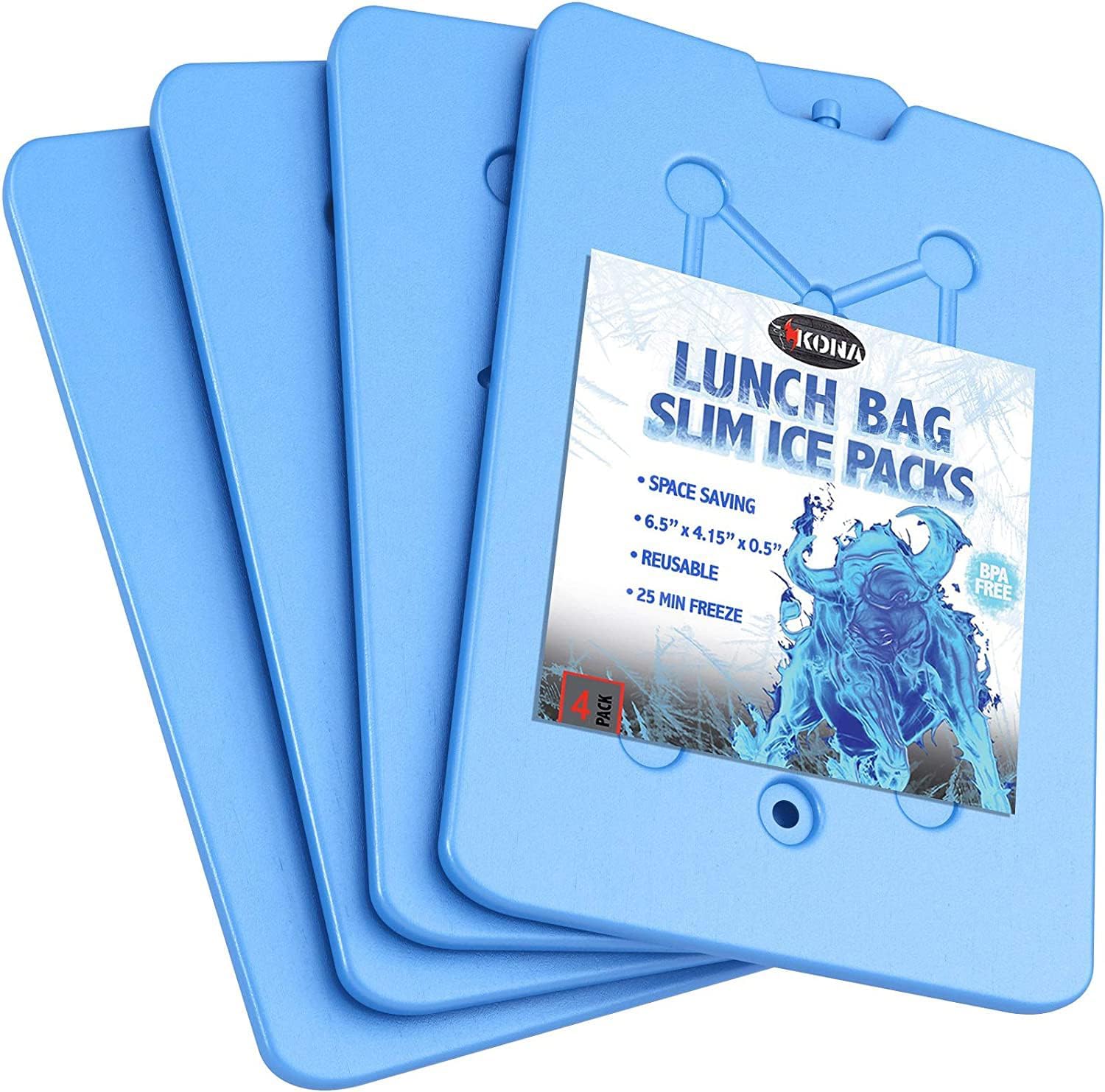 Kona 4 Pack Slim Ice Packs for Lunch Boxes & Coolers – Reusable, Quick Freeze, Space Saving Freezer Packs – Small Thin Cold Packs (Blue)