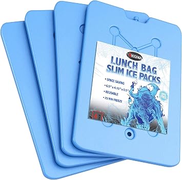 Kona 4 Pack Slim Ice Packs for Lunch Boxes & Coolers Reusable, Quick Freeze, Space Saving Freezer Packs Small Thin Cold Packs Blue