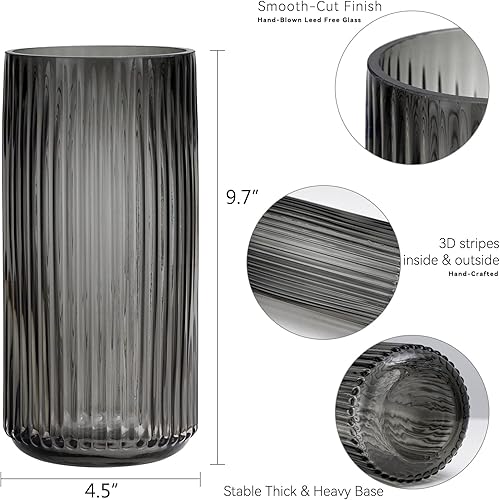 Miniatura 3 de Jarrón de flores TIMEFOTO 9.7 pulgadas de vidrio soplado a mano engrosado gris botellas redondas vintage con rayas para estantería, mesa de comedor,