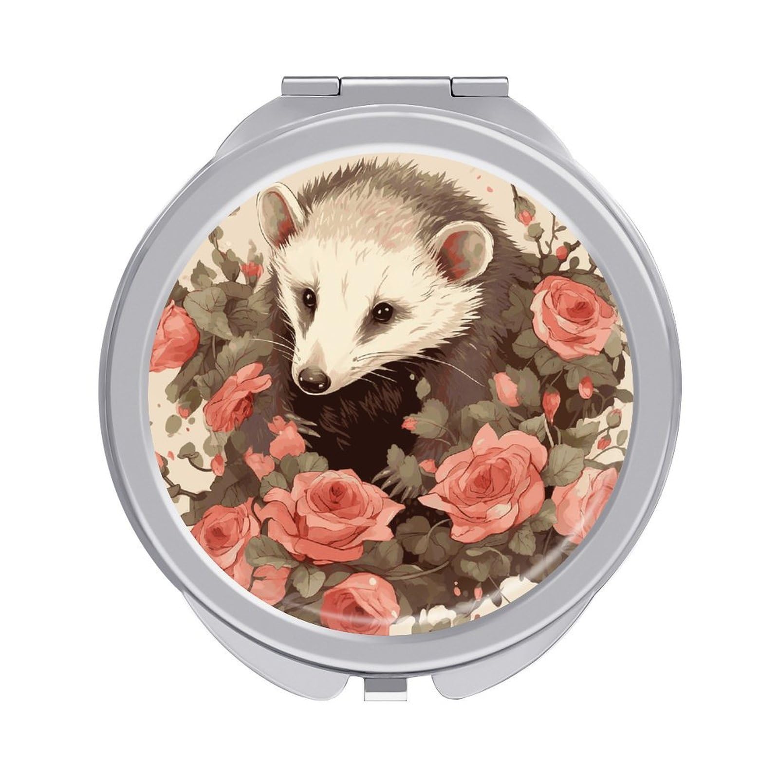 Fekiloot Style Opossum And Roses Travel Makeup Mirror Handheld Compact Mirror Portable Pocket Mirror Double-Sided 1X/2X Magnifying For Handbag And Purses