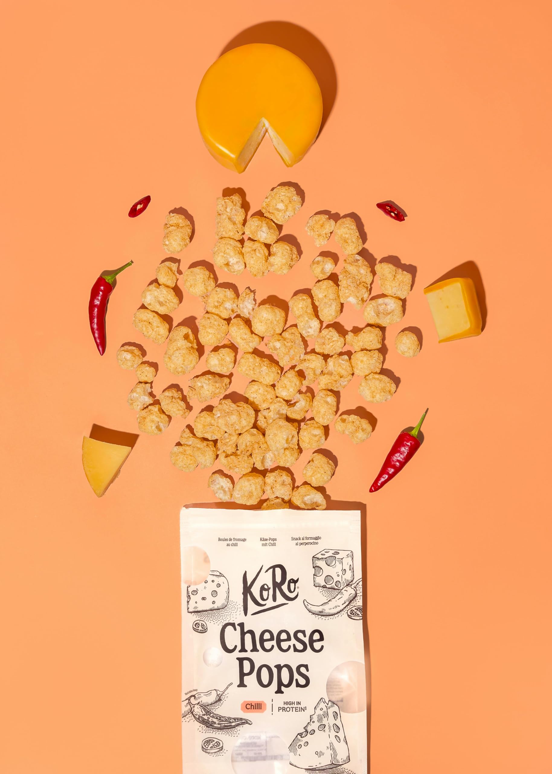 KoRo - Cheese Pops con formaggio Gouda e peperoncino 10 x 50 g - Ricco di proteine (42 g/100 g) - Extra croccanti e saporiti - Solo 2 ingredienti: formaggio e peperoncino