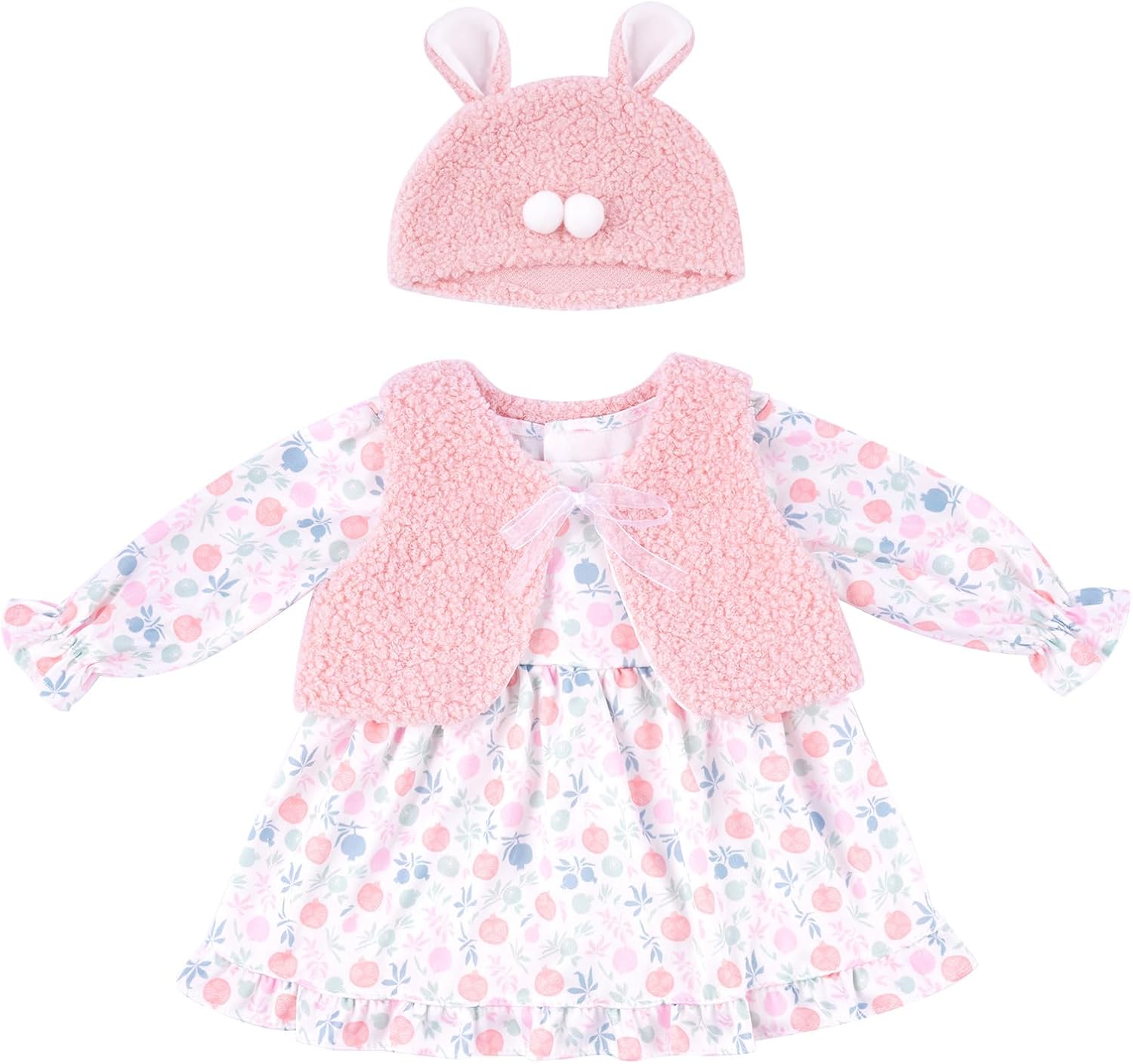 BABESIDE Reborn Baby Doll's Clothes Set for 17–22 Inch Dolls, 3 Pcs Bunny Outfit with Hat, Floral Dress and Vest, Reborn Baby Doll Accessories, Doll Clothes Gift for Girls Kids 3+