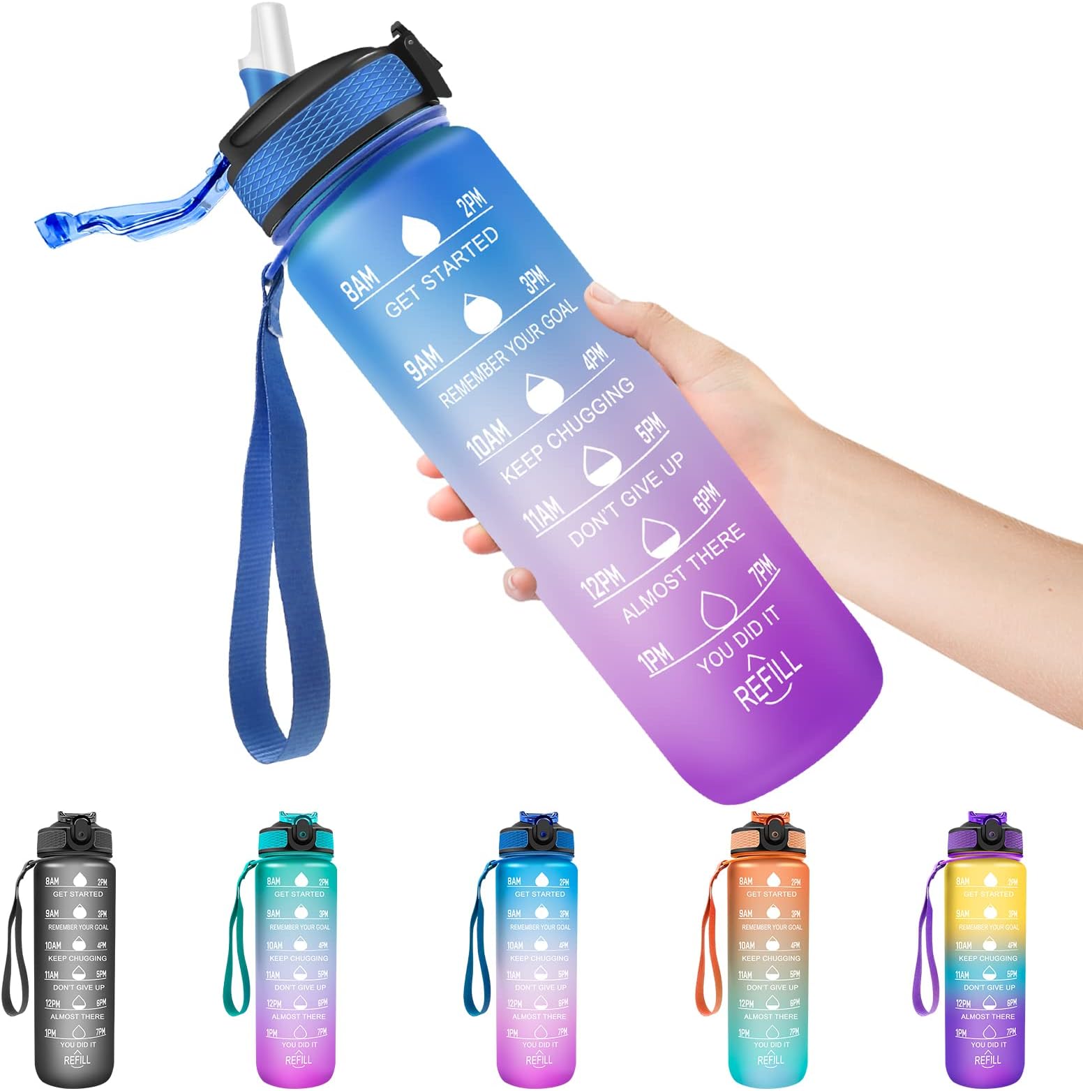 Sports Water Bottle 1L, Motivational Water Bottle with Straw & Time Maker, BPA Free, Leakproof & Secure Locking Lid, Tritan Plastic Drink Bottle for School/Cycling/Running/Gym (Blue Purple)