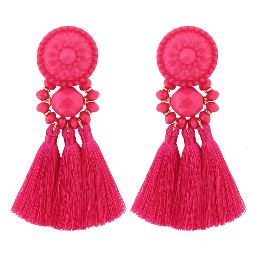 boderier Bohemian Statement Thread Tassel Chandelier Drop Dangle Earrings with Cassandra Button Stud