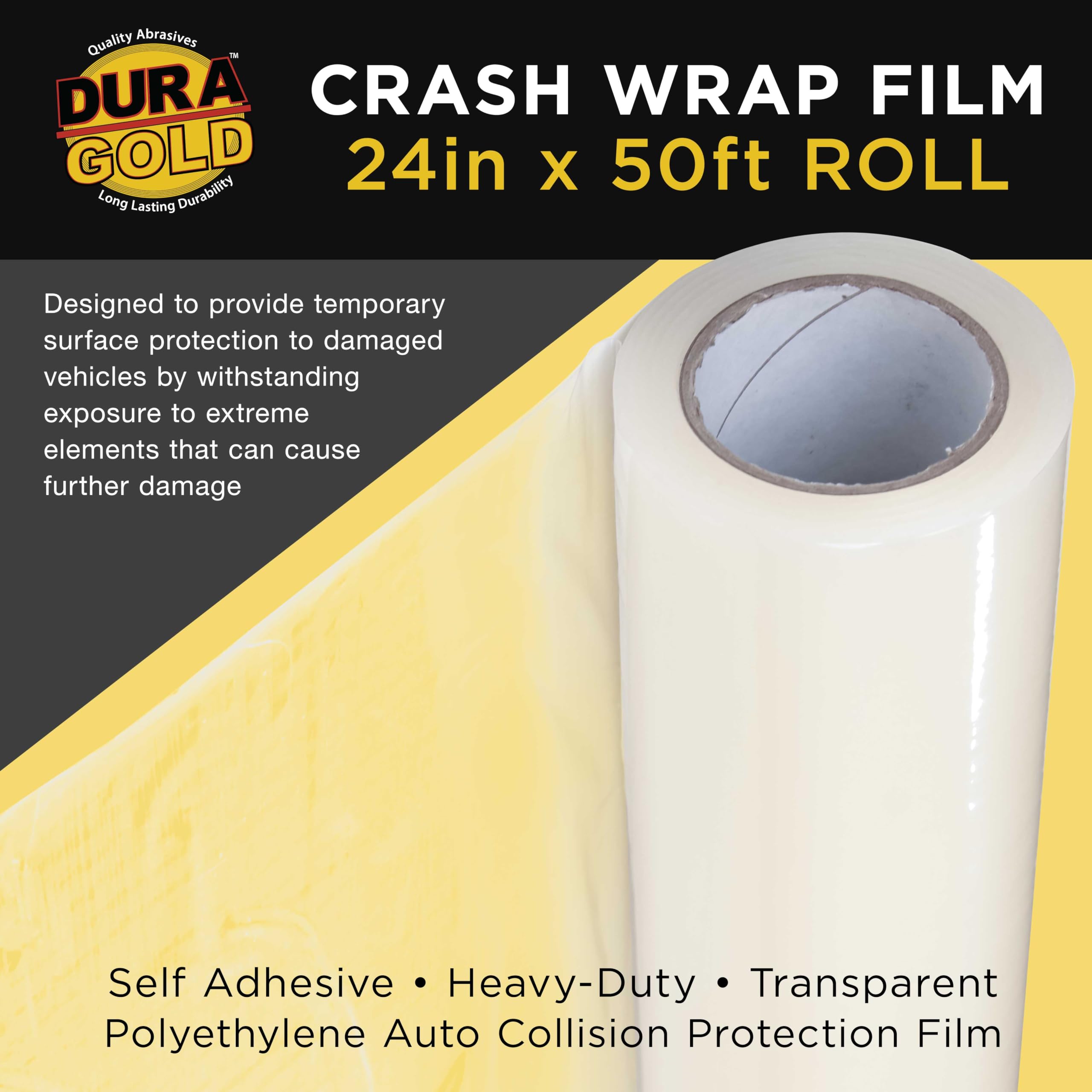 Dura-Gold Crash Wrap Film, 36-inch x 100-foot Roll, Clear Plastic Protector, Self-Adhesive Plastic for Auto Collision, Weather, Dust Protection, Broken Windows Windshields