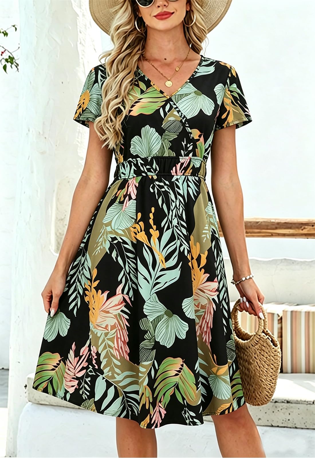 JayscreateEU Robe d'été pour femme - Robe portefeuille - Robe de fête élégante - Manches courtes - Col en V - Longueur genou - Mini robe de plage - Robe crayon festive - Robe moulante