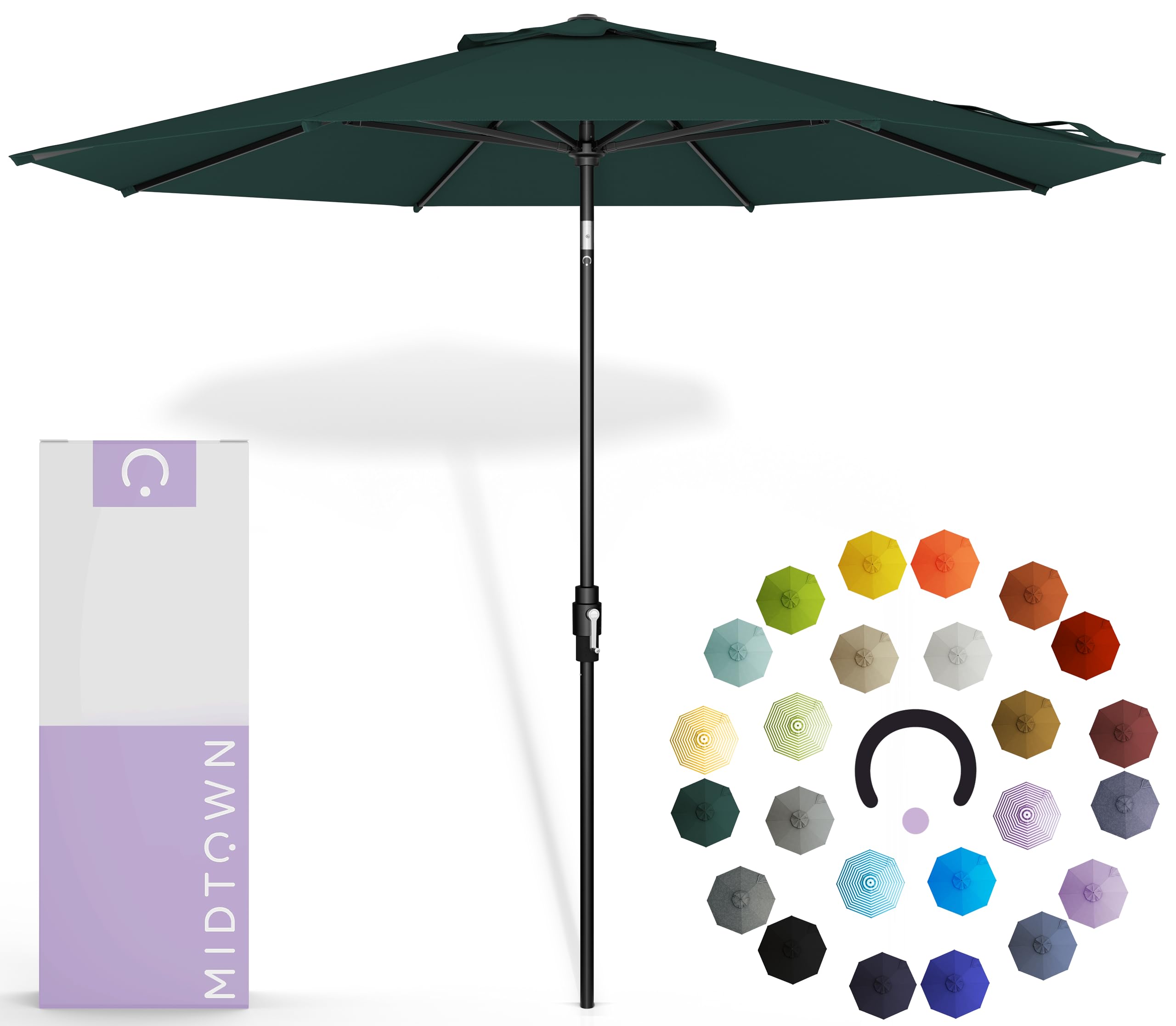 The Swilt 9 Feet Outdoor Umbrella With Terylast Forest (Dark Green) Polyester Fabric - Fiberglass Ribs, Auto-Tilt And Swivel Aluminum Frame Patio