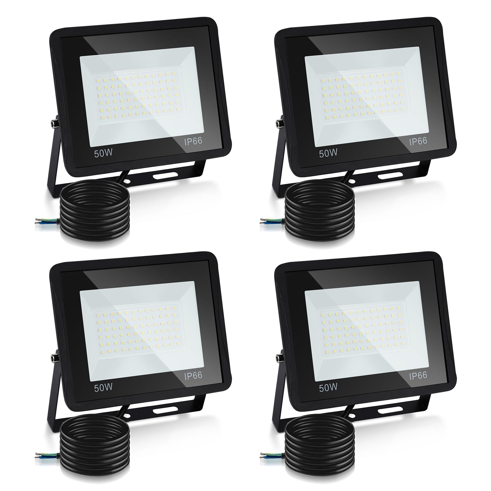 Lospitch Reflektory LED Zewnętrzne, 4PCS 50W IP66 Wodoodporny reflektor LED, 4250LM Super Bright 6000K Zimno Biały, Potężne Zewnętrzne Światła Led na Taras, Garaż (bez wtyczki)