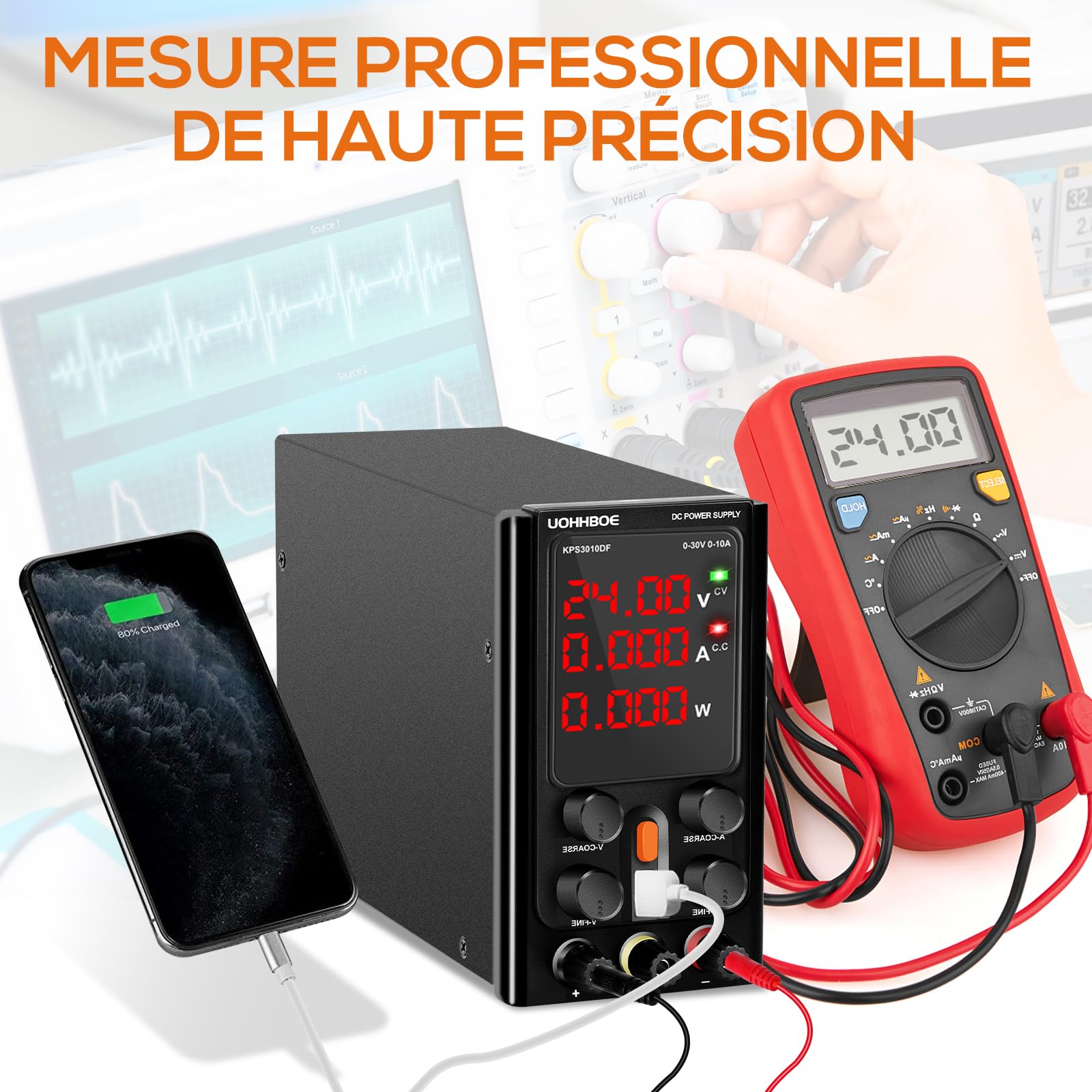 UOHHBOE Alimentation Laboratoire 30V 10A DC Bloc d'alimentation Réglable Stabilise Ajustable à Courant Continu avec Affichage LED à 4 Chiffres Port USB 5V/2A Cordon Crocodile