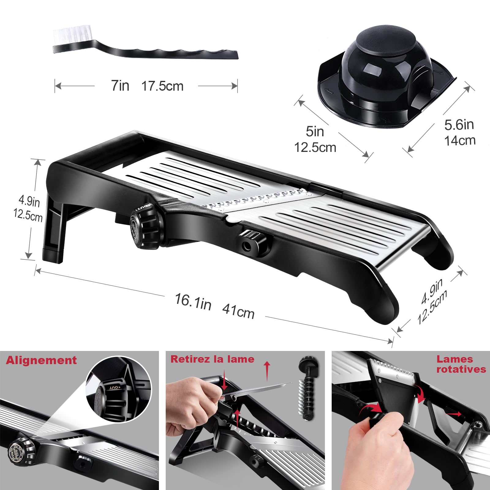 Masthome Mandoline de Cuisine Professionnelle en Inox, Coupe Legumes Multifonctions avec Epaisseur de Tranche Réglable, Mandoline Japonaise avec Gants et Brosse à Dents, pour Tranche et Julienne