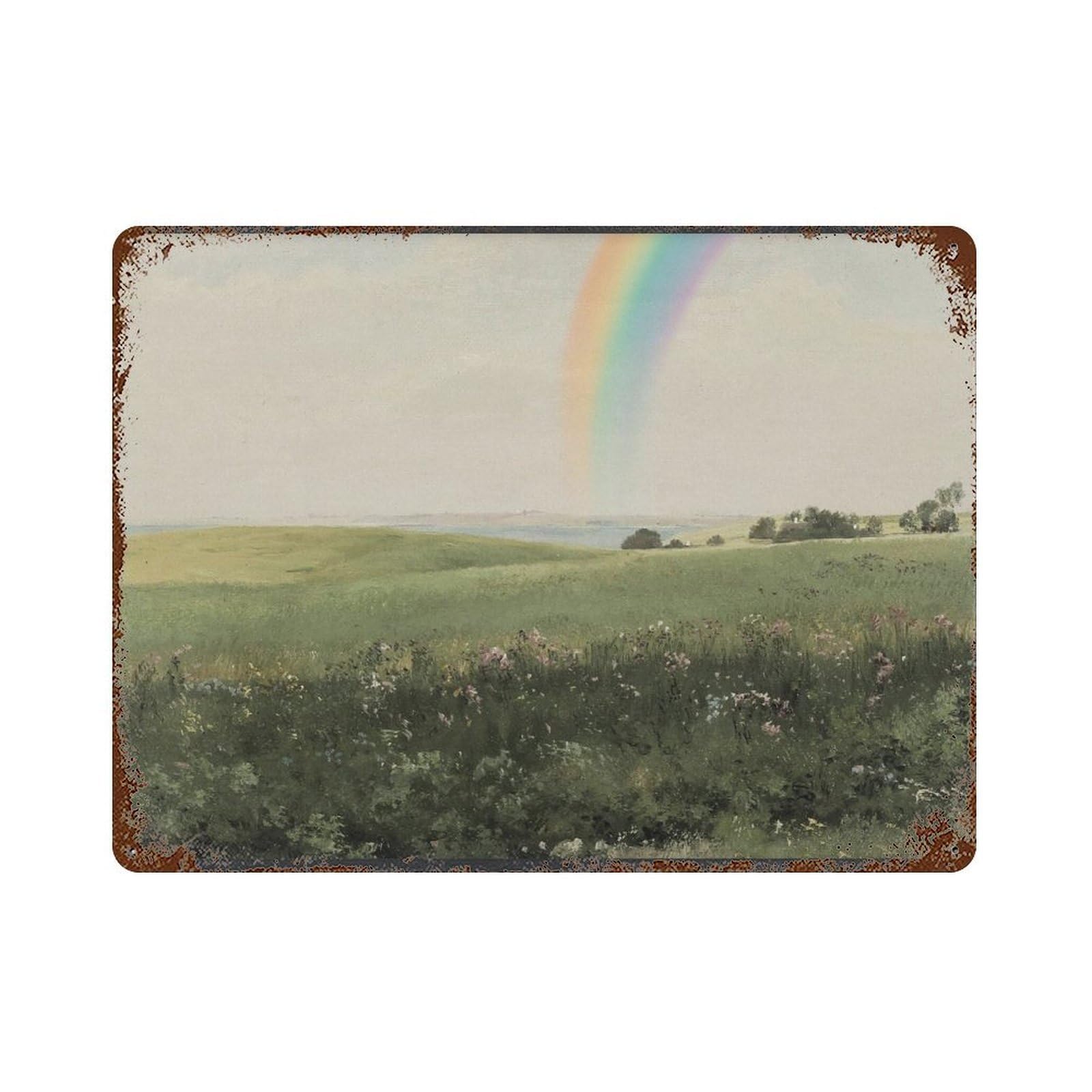 xiaoxiaoshen Vintage Rainbow Coastal Meadow Landscape, Impressionist Wildflower Wall Decor Art Metal Tin Poster Modern Home Decor Art Home Bar Shop Decorations Vintage Sign 30x40cm