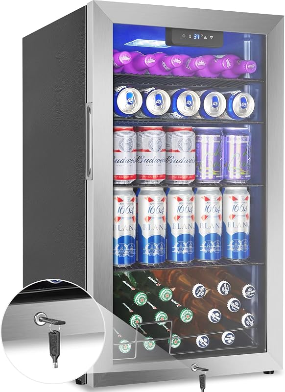 Beverage Refrigerator Mini Fridge 128can Stainless Glass Door Lock Home | 36dB Quiet Reversible Door,Digital Thermostat 34-64℉,Auto Defrost,Kitchen Entertaining Home Bar,Compact LED,Adjustable Shelf