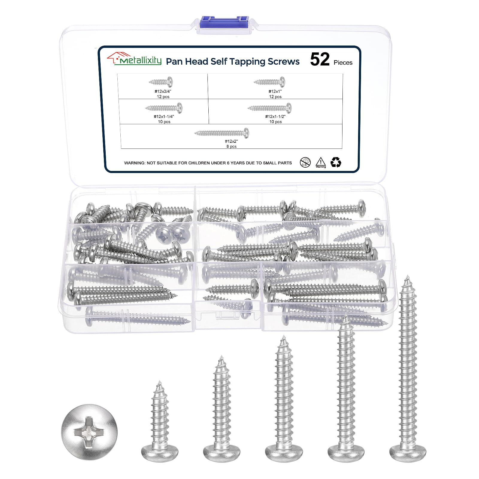METALLIXITY Phillips Pan Head Self Tapping Screws(#12) 52Pcs, 304 Stainless Steel Self Drilling Screw Assortment Kit for Metal Wood Plastic, for Cabinet Wall Shutter Plate Furniture, Silver