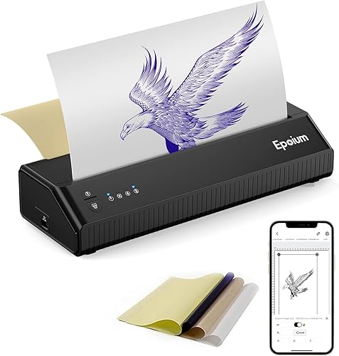 Epoium Impresora de plantillas de tatuaje, máquina inalámbrica de plantillas de transferencia de tatuajes, impresora térmica Bluetooth de tatuaje