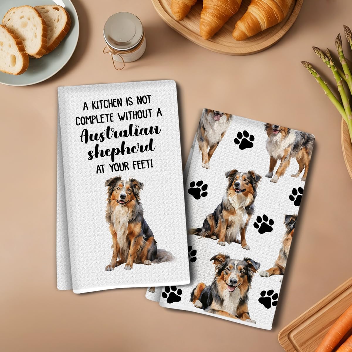 2 PCS Shepherd Kitchen Towels 14x24 Inch Absorbent Microfiber Decorative Dish Cloth Tea Towel, Funny Australian Shepherd Waffle Hand Towels for Kitchen Home Dining Room Decor, Dog Lover Gifts