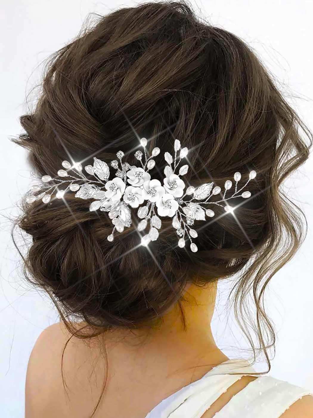 Accesorios para el pelo para novia, boda, plata, flores, peineta para el pelo, perlas, peine lateral, extensión de hoja para mujeres y niñas