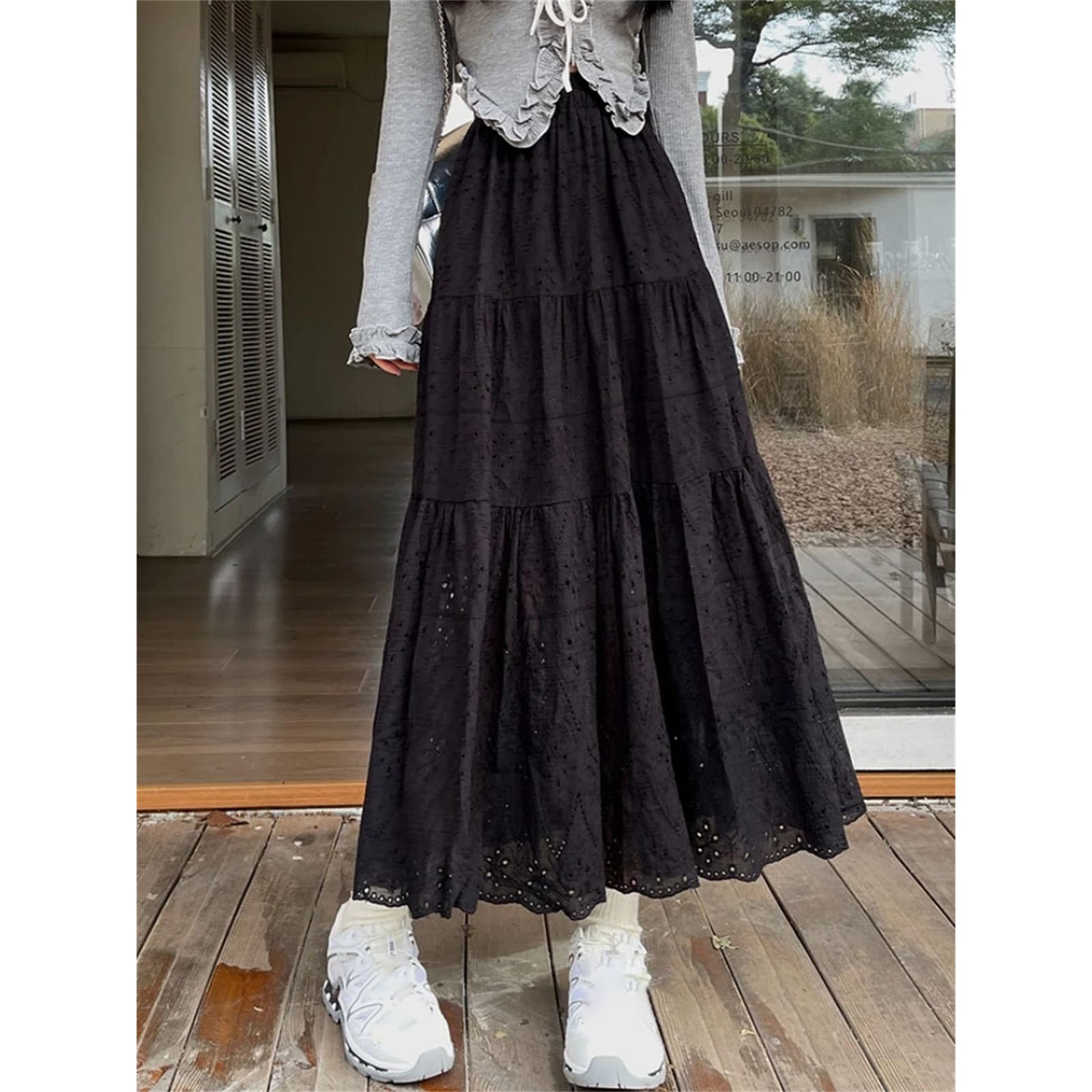 Gonna a pieghe da donna a vita alta con ricamo a mezza lunghezza