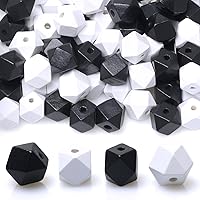 Vista 10 de 100 cuentas geométricas de madera de 0.630 pulgadas, cuentas espaciadoras de madera con forma de polígono dorado y blanco para proyectos
