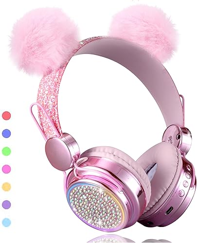 Auriculares inalámbricos para niñas, Bluetooth, luz LED, cambio de color, auriculares para niños con micrófono, 10 horas de anime lindos auriculares