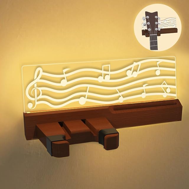 YuanDian Support mural pour guitare avec porte-pick, LED Cintre de guitare en bois USB Alimenté pour Acoustique, Électrique, Basse, Ukulele, Affichage et Stockage Mandolin, Dons pour les Joueurs de Guitare Hommes