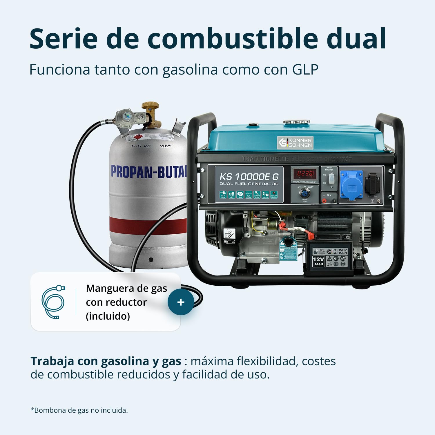 Könner & Söhner KS 10000E G - Generador de gasolina LPG híbrido de 4 tiempos, 7500 W, 1 generador de 16 A, 1 generador de 32 A, con regulador de voltaje automático de 230 V,
