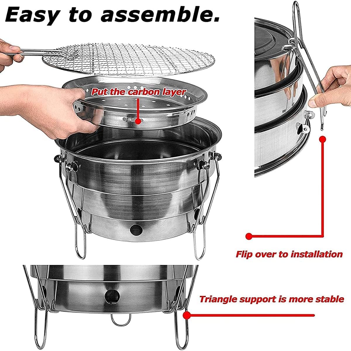 Folding Round Charcoal Grill, Stainless Steel BBQ Grills, Combination Grill, Smokers Grill with Portable Bag, for Outdoor Picnic Camping Patio Garden 28 x 21.5 cm