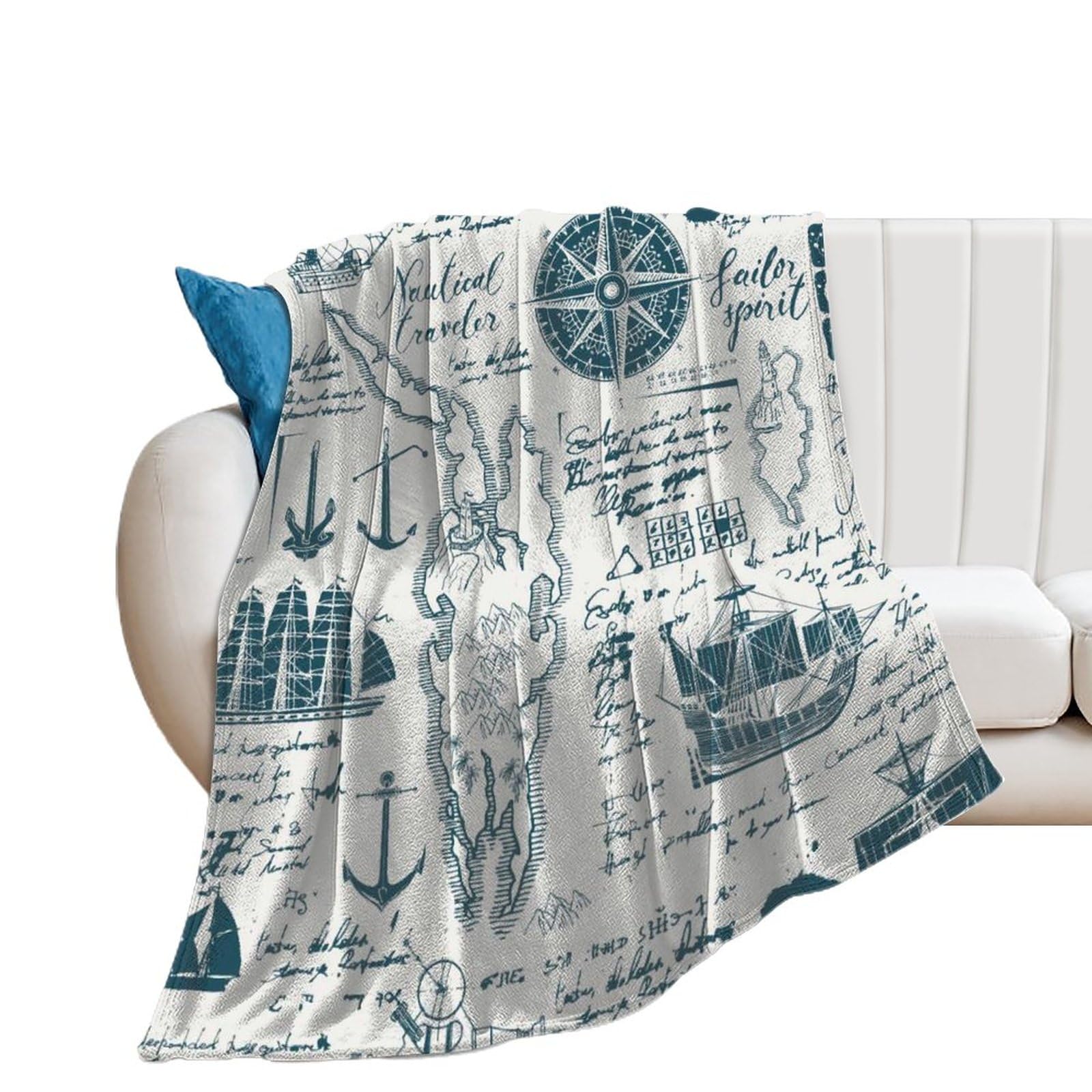 Plaid Canapé en Flanelle Polaire Carte À Boussole 130×150cm Couverture Douce