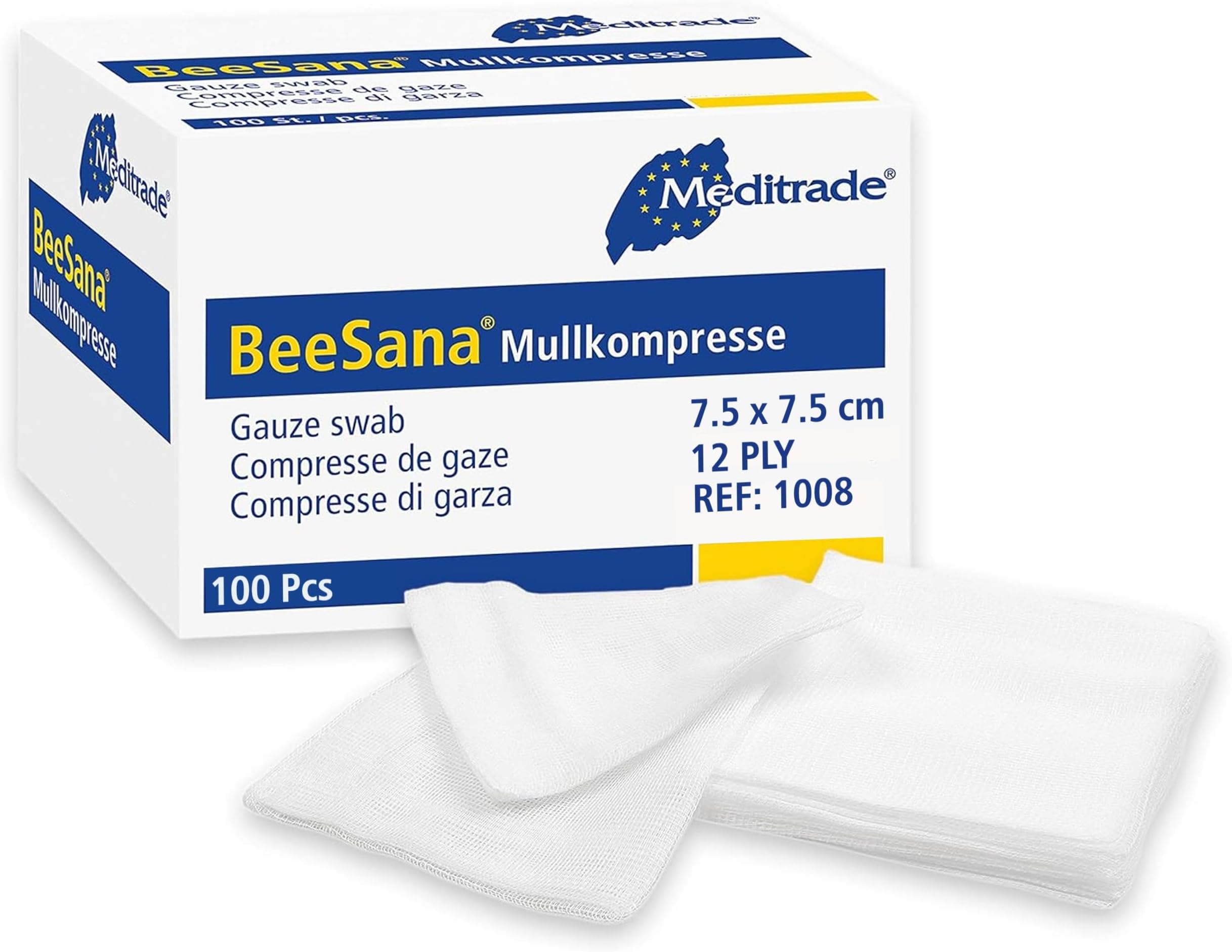 1008 Gauze Swabs with Selvedge Cutting Edges, Non-Sterile Cotton, Pack of 100 (12ply) (7.5cmx7.5cm), White