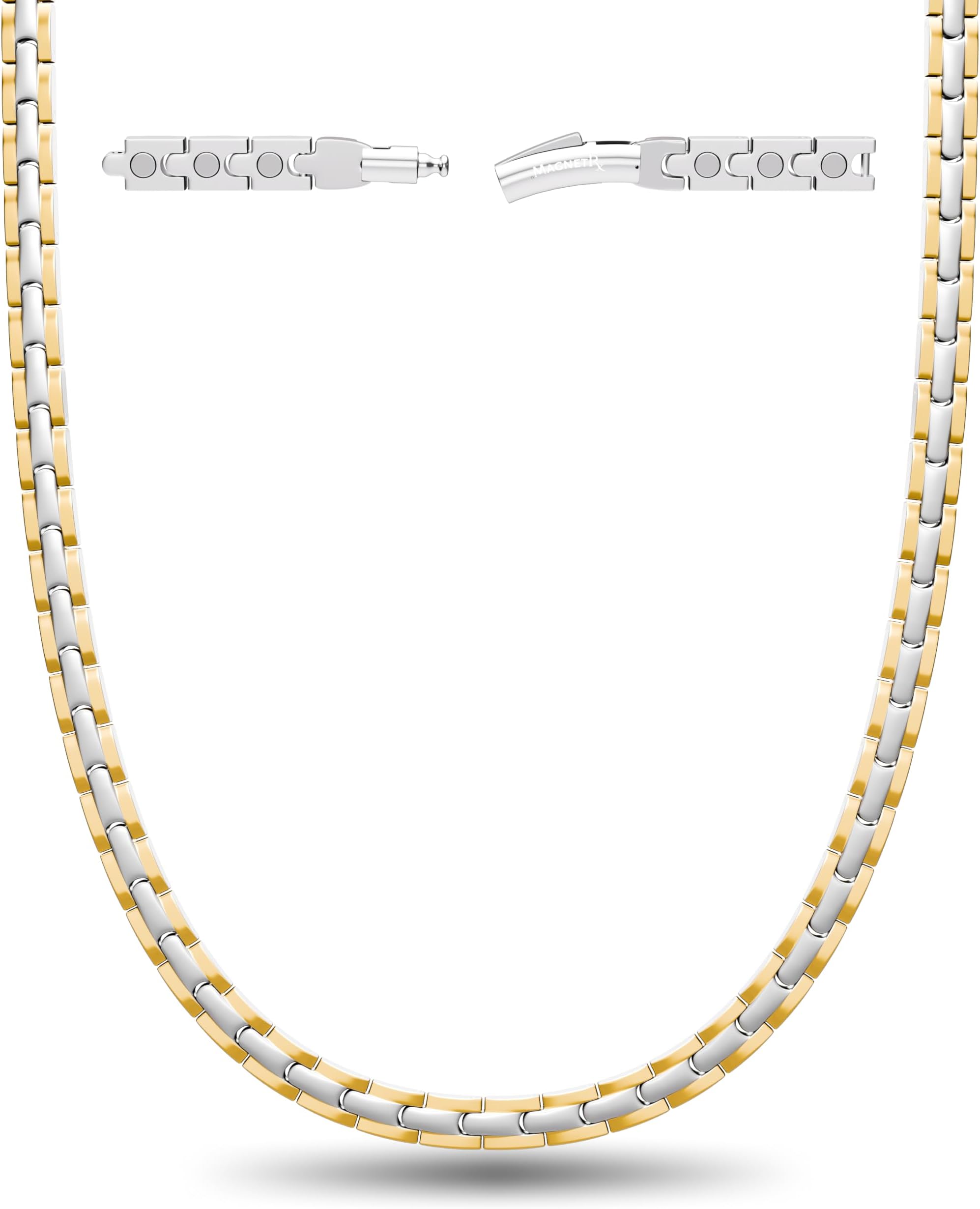 MagnetRX Titanium Magnetic Necklace – Ultra Strength Magnetic Necklaces for Women & Men – Effective Titanium Necklace with 62 Magnets (Silver & Gold, 22 Inches)