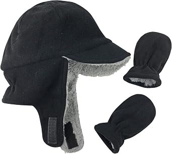 NIce Caps Little Kids Boys Baby Fleece Flap Hat Mitten Winter Set Sherpa Lined Toddler Infant
