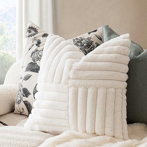 Miniatura 4 de Foindtower Paquete de 2 fundas de almohada decorativas de felpa de pelo sintético suave y esponjoso, fundas de cojín acogedoras a rayas para