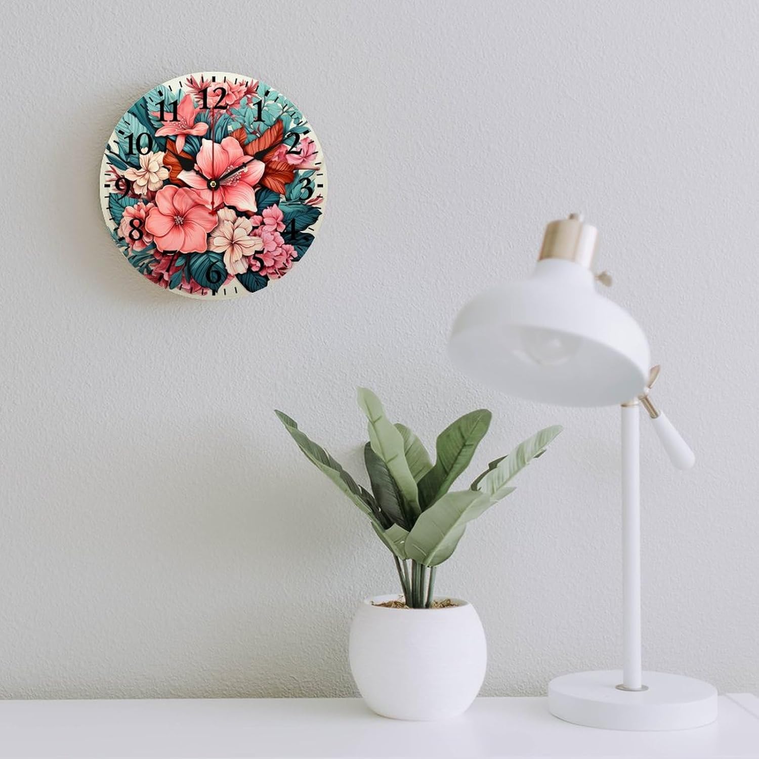16 Inch Clock Green Leaf with Tropical Flowers and Cactus Wooden Battery Operated Quartz Quiet Arabic Numeral Green Cactus Tropical Summer Plants Wall Clocks Living Room Office